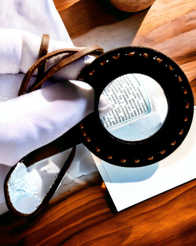 Indisk förstoringsglas Artefakt, läder, handgjord - möjlighet till personlig gravyr