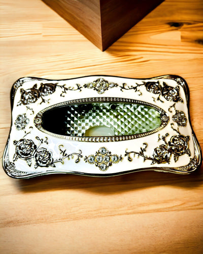 Låda för Näsdukar med Präglat Rosmönster - Elegant Inredningsdetalj, vit