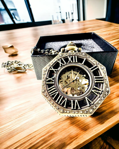Klassisk Åttakantig Brun Fickur Mekanisk i Steampunk-stil - Tidlös