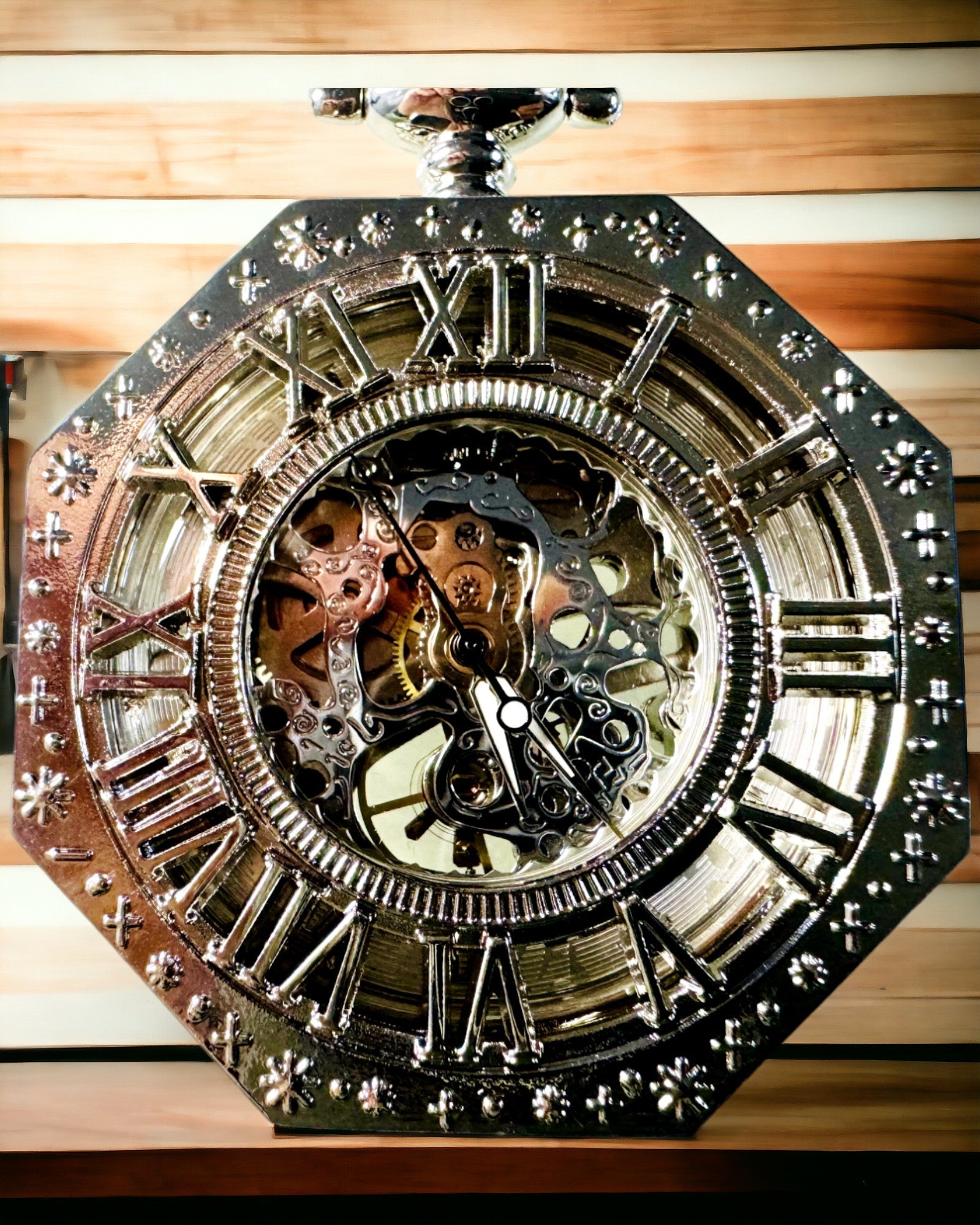 Klassisk i silverfärg Åttakantig Mekanisk Fickur med Genombruten Urskiva i Steampunk-stil