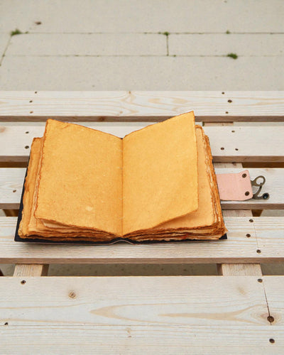 Läderinbunden anteckningsbok med sju chakrans färger, råkantad (17,8x12,7 cm)