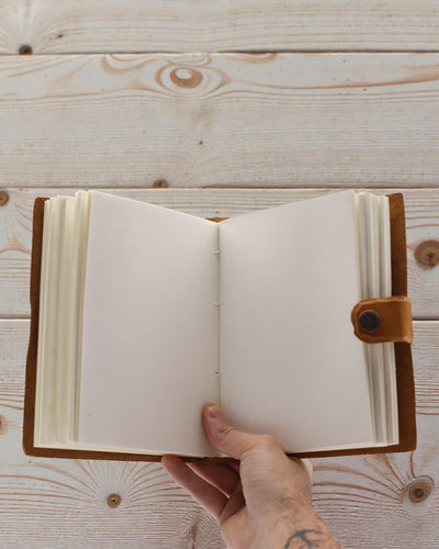 Anteckningsbok i läder med präglade blommor – brun (17,8 x 12,7 cm)