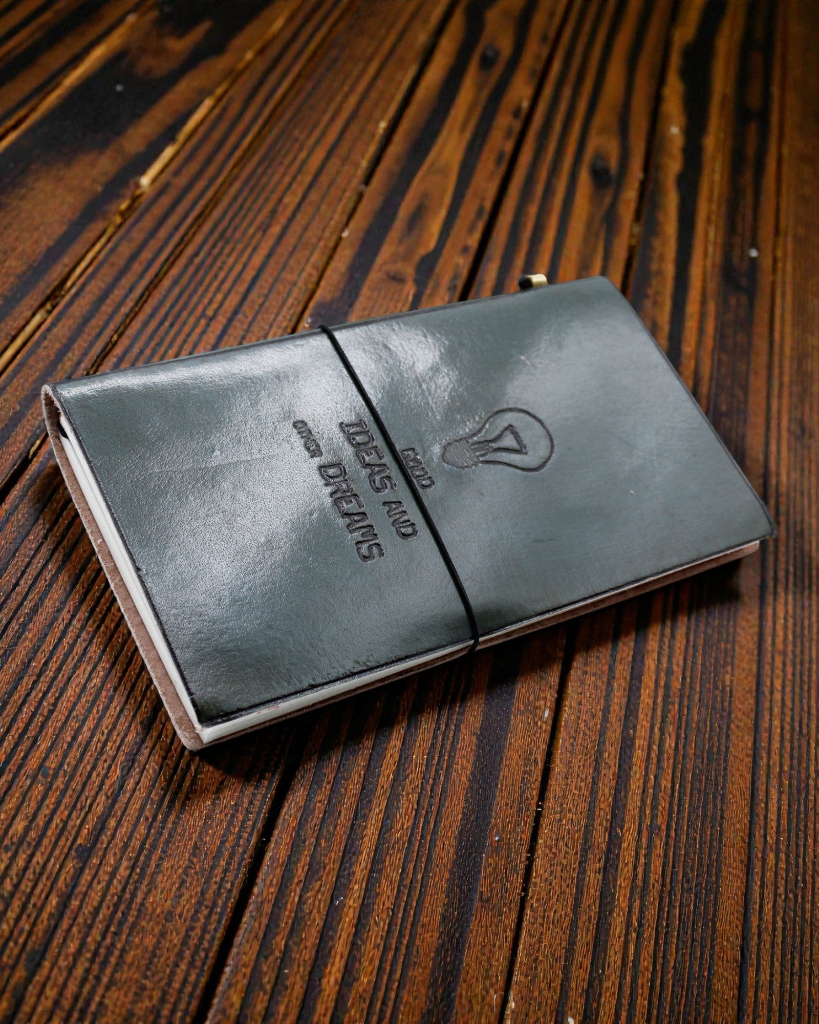 Handgjord läderanteckningsbok – Goda idéer och andra drömmar – Grå (80 sidor)