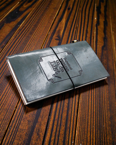 Viktiga saker att göra – grå läderanteckningsbok, handgjord 22 × 12 × 1,5 cm, 80 sidor