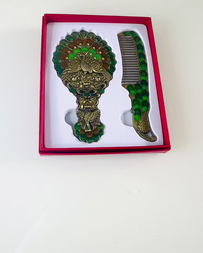 Vintage Set med Spegel och Kam i Påfågelmotiv - Dekorativa Kosmetiska Tillbehör
