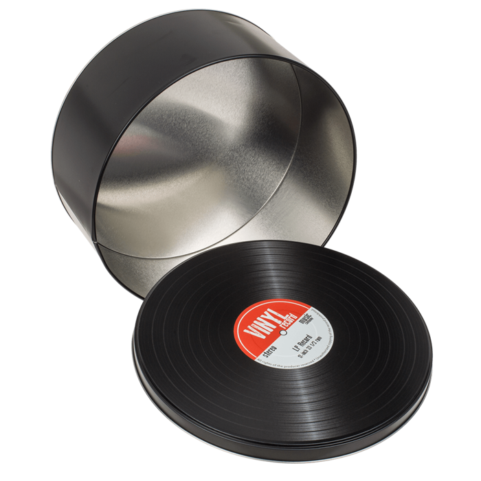 Metallaskar, stiliserade som vinylskivor i retrostil, möjlighet till personlig gravyr